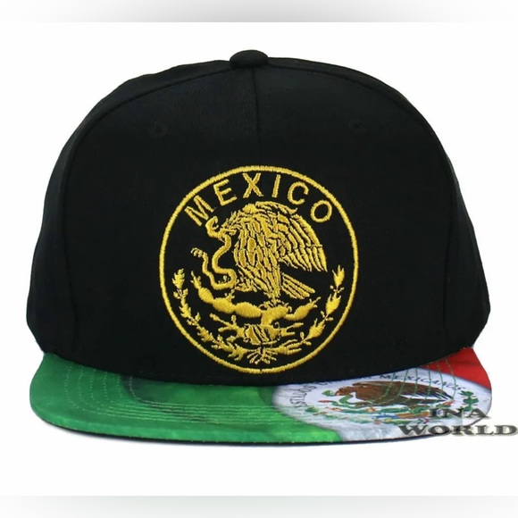 MEXICAN MEXICO Hat Gold Federal Logo Eagle Flag Flat Bill Snapback Baseball Cap - Picture 2 of 7